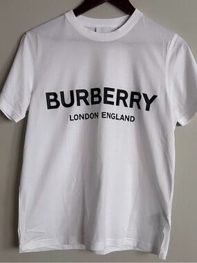Burberry White Tee with Black Logo Print Size Small